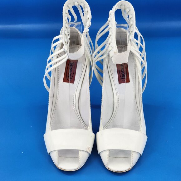 MISSONI Runway White Leather Caged Peep Toe Pumps Heels Ankle Strap NEW FLAWED - Picture 4 of 13